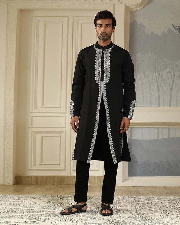 Black v cut resham embroidered kurta set