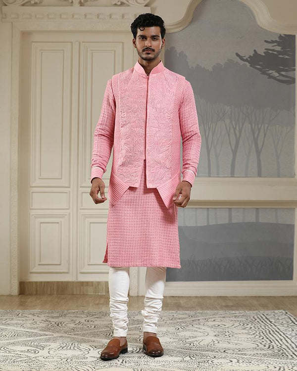 Pink quilted baagh nehru jacket set
