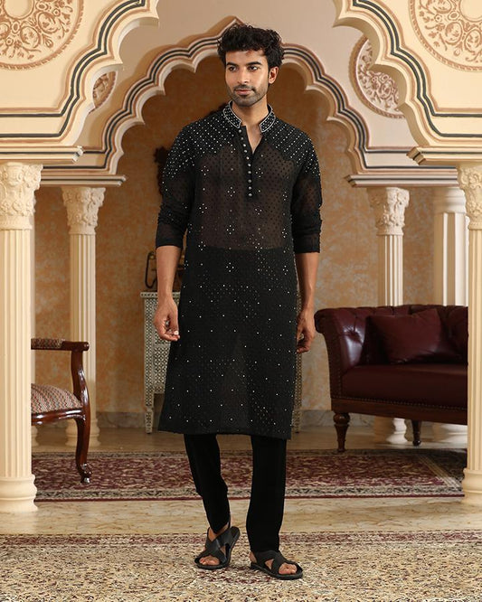 Sheer shoulder pearl embroidered kurta set