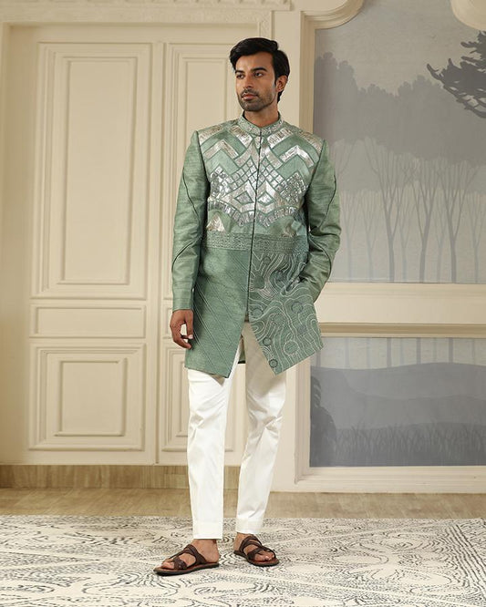 Green embroidered short indo set geometry