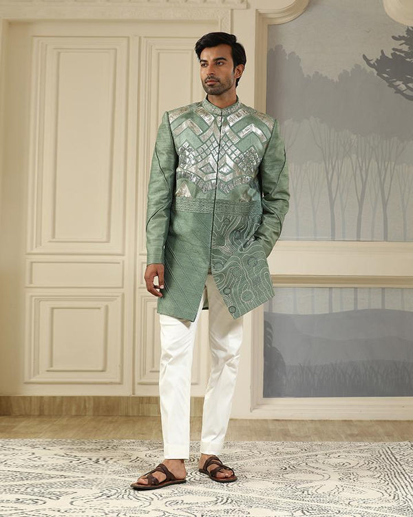 Green embroidered short indo set geometry