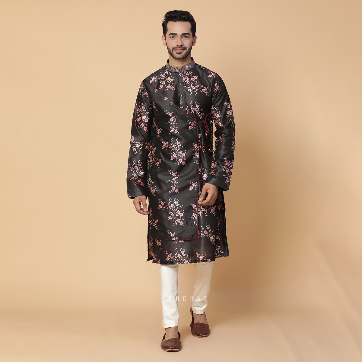 Black Angrakha Silk Kurta