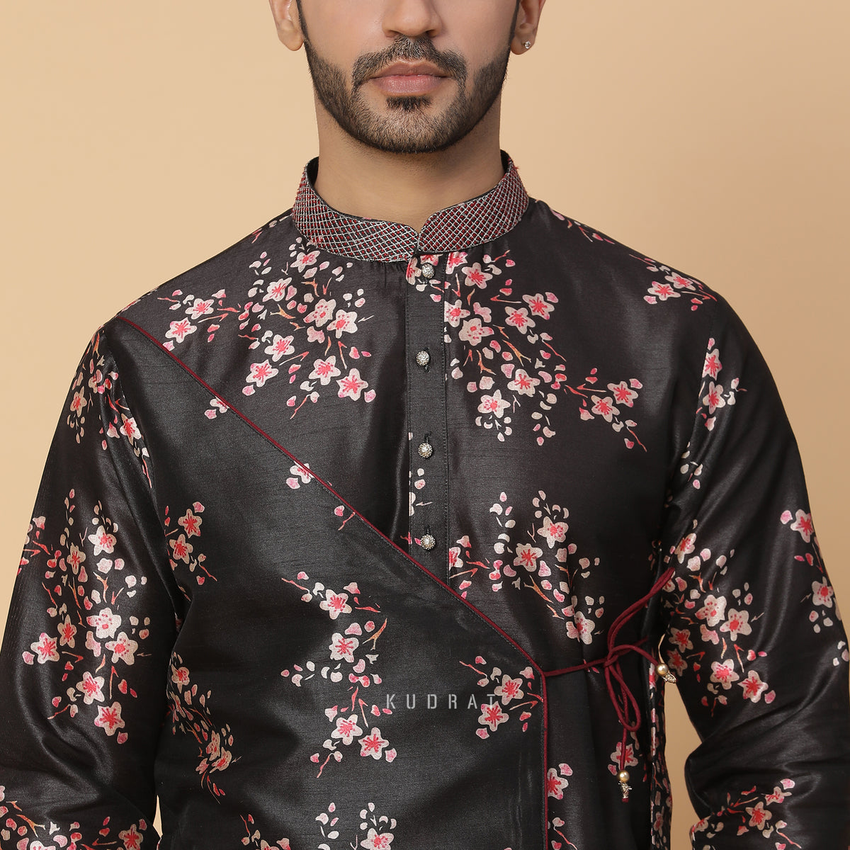 Black Angrakha Silk Kurta