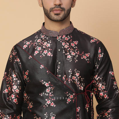 Black Angrakha Silk Kurta