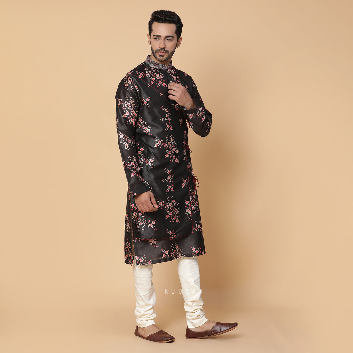 Black Angrakha Silk Kurta