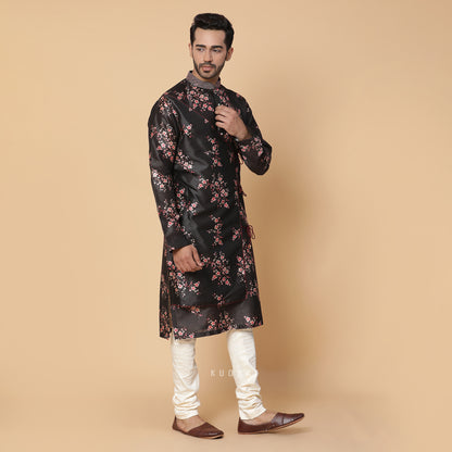Black Angrakha Silk Kurta