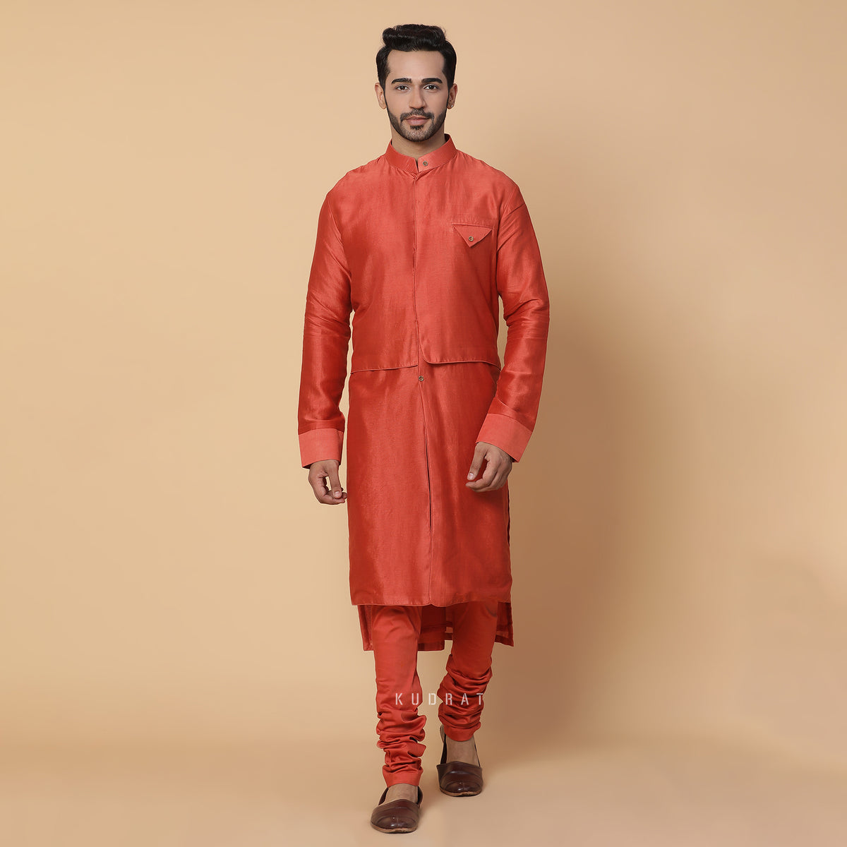 Rust Orange Panneled Kurta Set