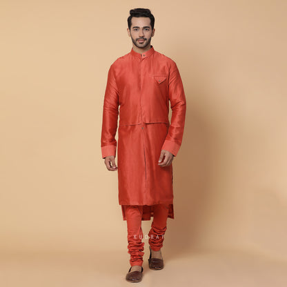 Rust Orange Panneled Kurta Set