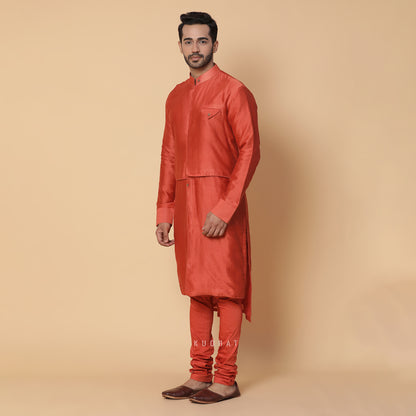 Rust Orange Panneled Kurta Set