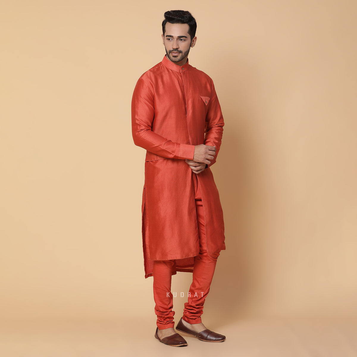 Rust Orange Panneled Kurta Set