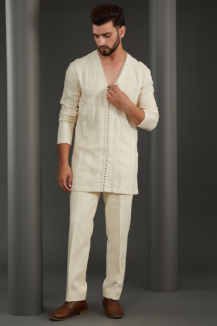 Off-White Cotton Thread Embroidered Indowestern Set