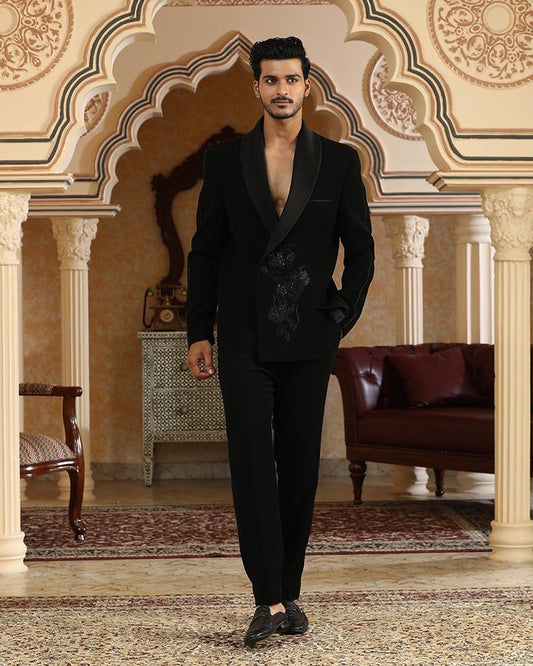 Glitter flower cut embroidered suit set